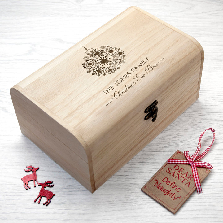Personalised Family Christmas Eve Chest With Decorative Bauble Design