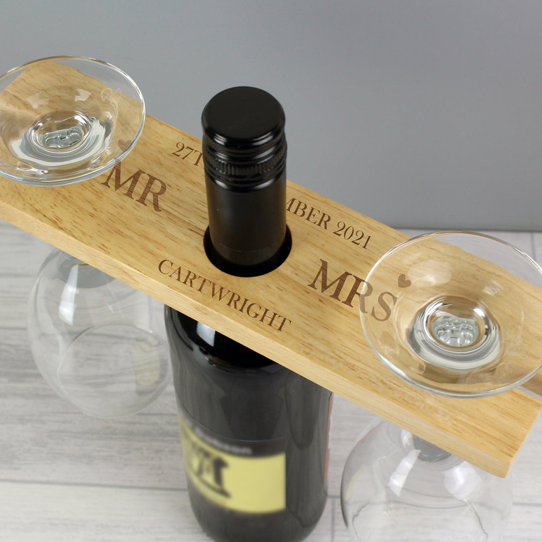 Personalised Married Couple Wine Glass &amp; Bottle Butler