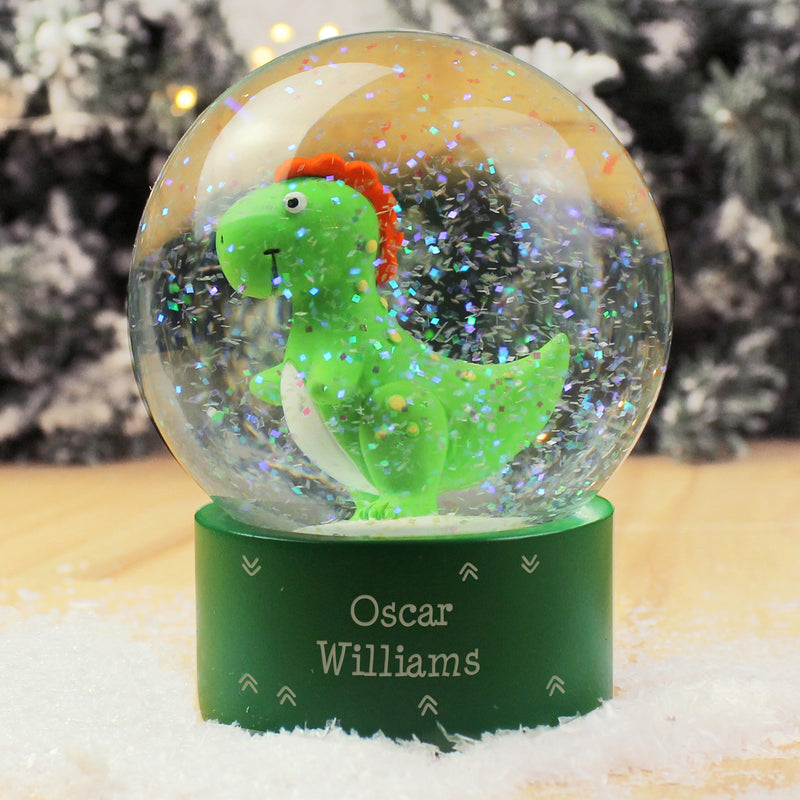 Personalised Message Dinosaur Glitter Snow Globe