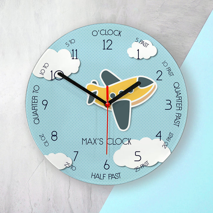 Personalised Kids Aeroplane Glass Clock