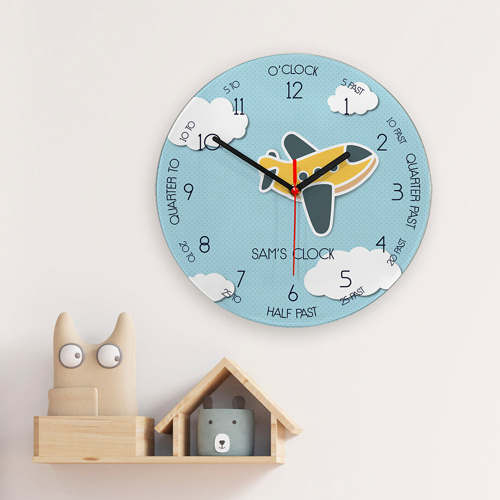 Personalised Kids Aeroplane Glass Clock