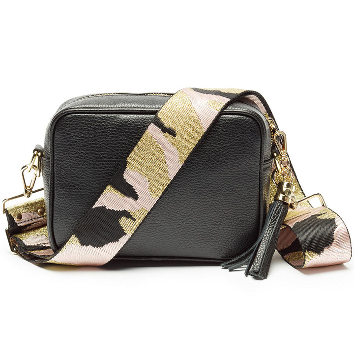 Personalised Elie Beaumont Cross Body Black Leather Bag with Choice of Strap