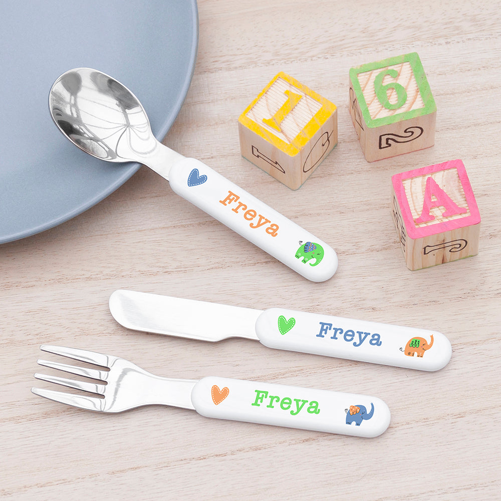 Personalised Children's Elephant Metal Cutlery Set, The Personal Shop, personalised gifts