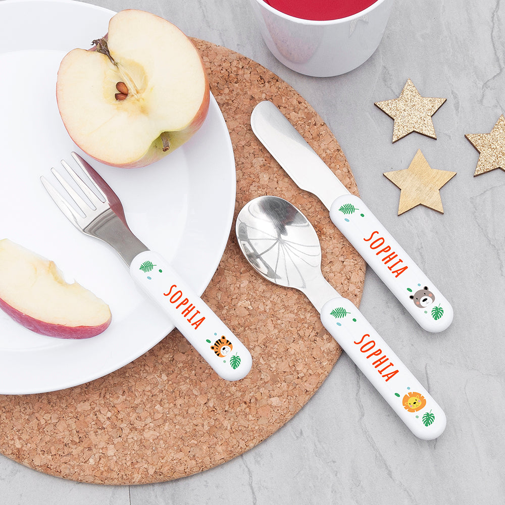Personalised Children's Jungle Animal Metal Cutlery Set, The Personal Shop, personalised gifts