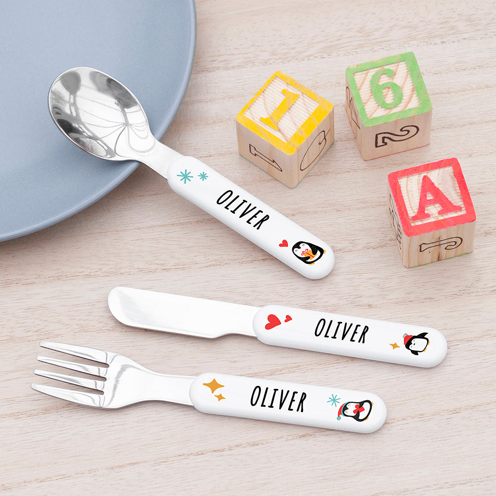 Personalised Christmas Children's Winter Penguin Metal Cutlery Set, The Personal Shop, personalised gifts