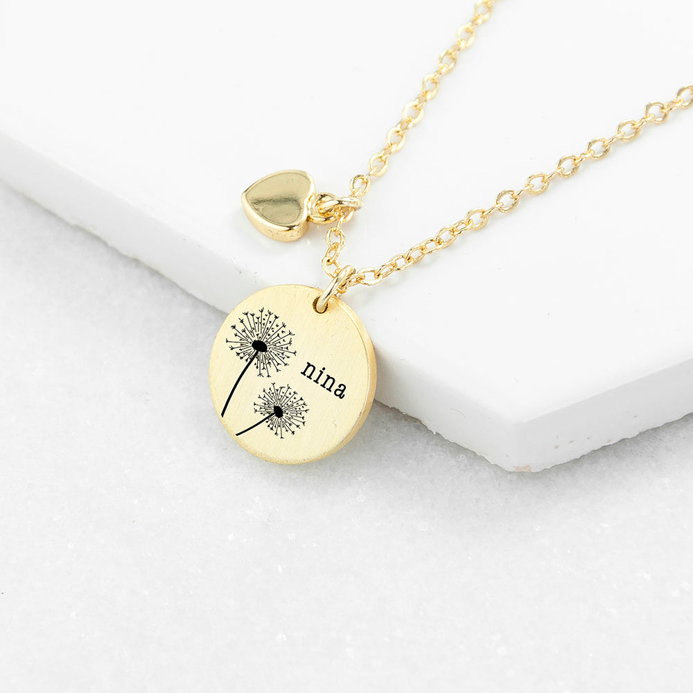 Personalised Dandelion Matte Heart &amp; Disc Necklace
