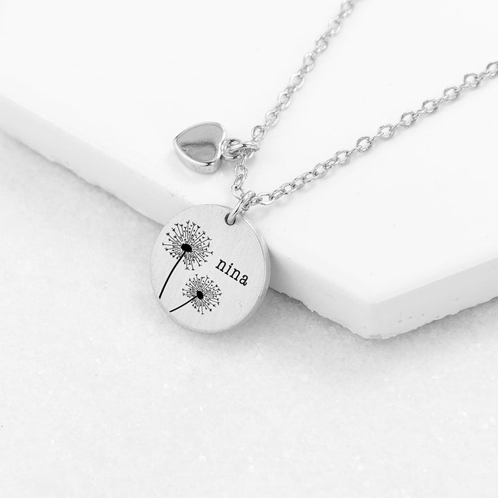 Personalised Dandelion Matte Heart &amp; Disc Necklace