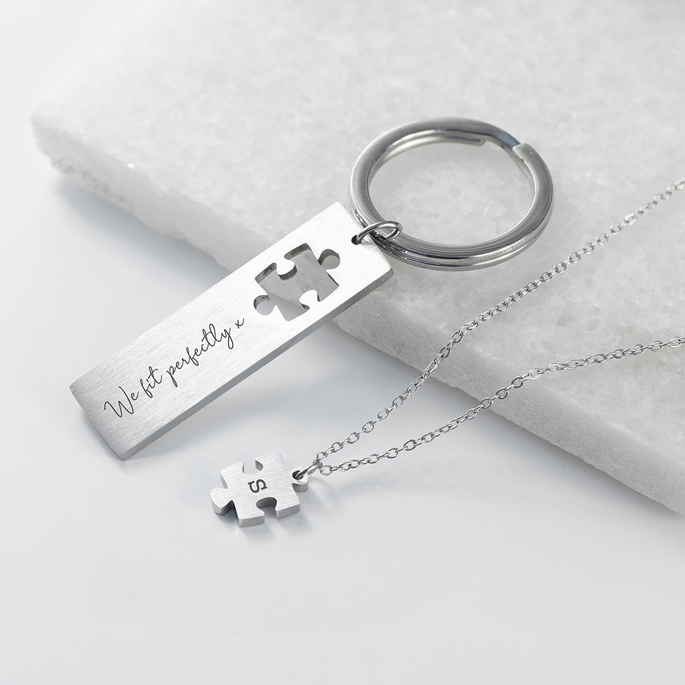 Personalised Perfect Fit Puzzle Piece Necklace &amp; Keyring Set