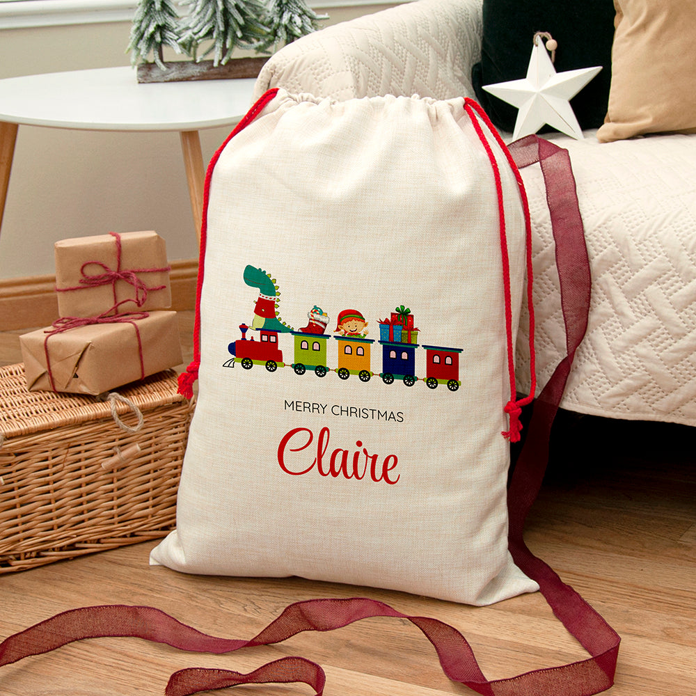 Personalised Kid's Christmas Train Christmas Sack, The Personal Shop, personalised gifts