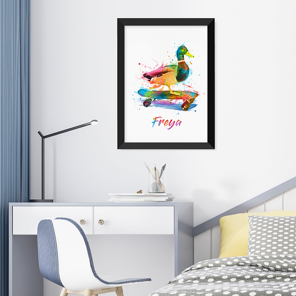 Personalised Watercolour Duck Skateboarding Print