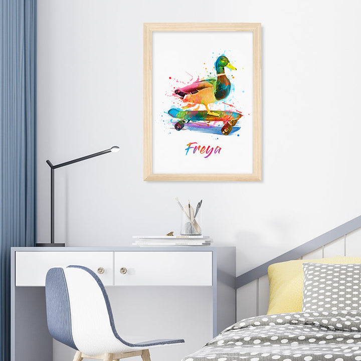 Personalised Watercolour Duck Skateboarding Print
