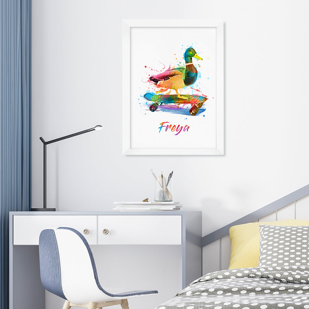 Personalised Watercolour Duck Skateboarding Print