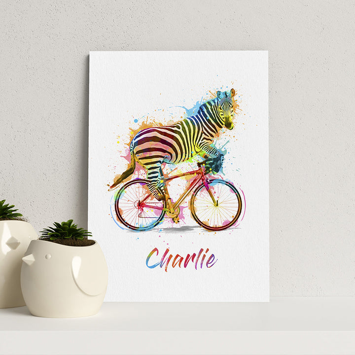Personalised Watercolour Zebra Cycling Print