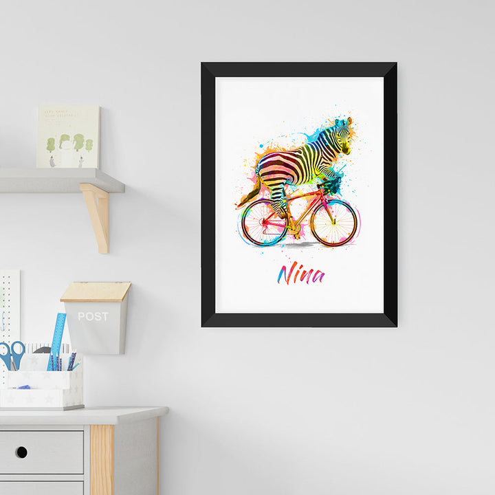 Personalised Watercolour Zebra Cycling Print