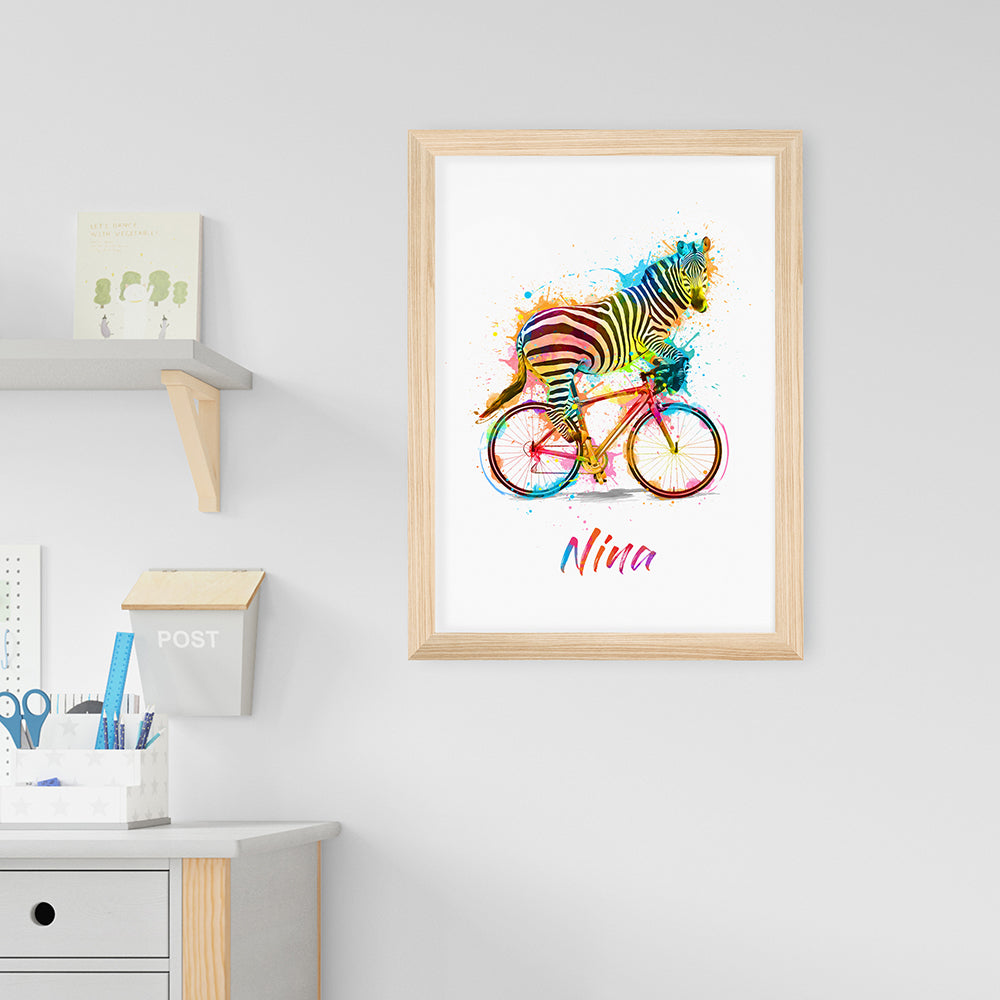 Personalised Watercolour Zebra Cycling Print