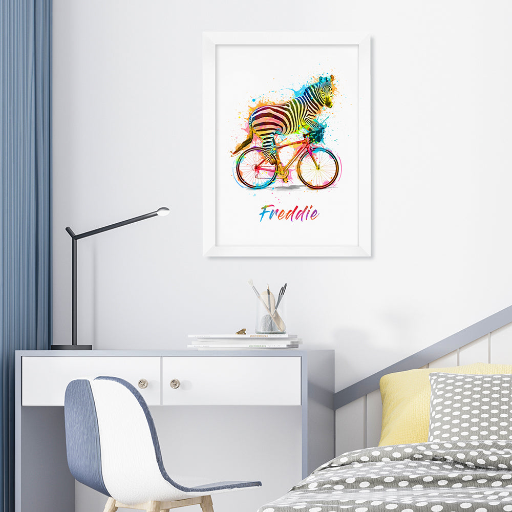 Personalised Watercolour Zebra Cycling Print