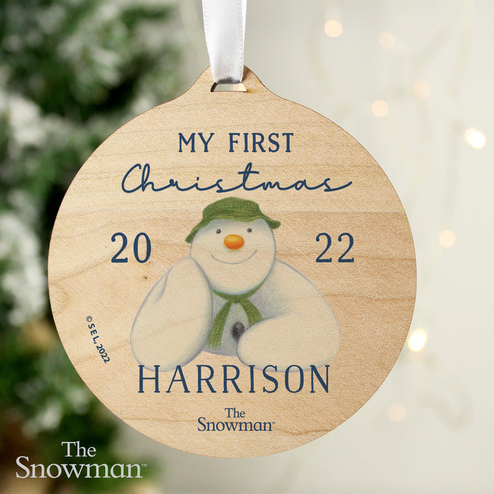 Personalised The Snowman My First Christmas Round Wooden Decoration, The Personal Shop, personalised gifts