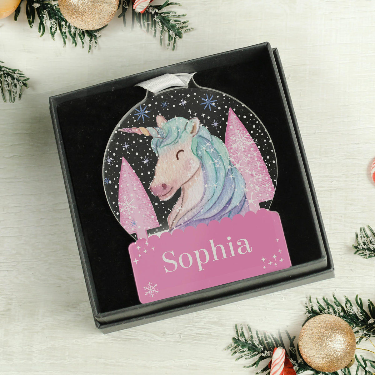 Personalised Unicorn Acrylic Snowglobe Decoration – alternative view