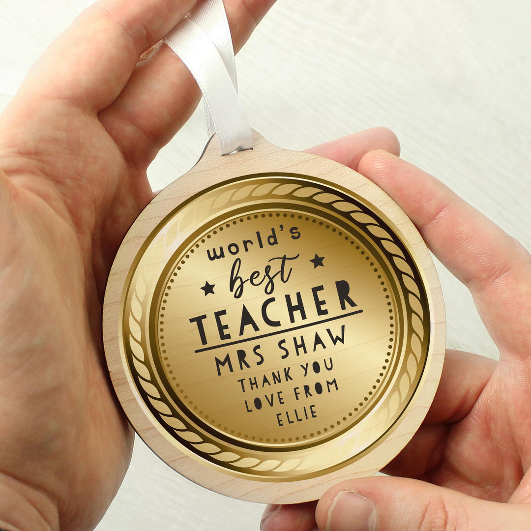 Personalised Worlds Best Teacher Round Wooden Medal – alternative view