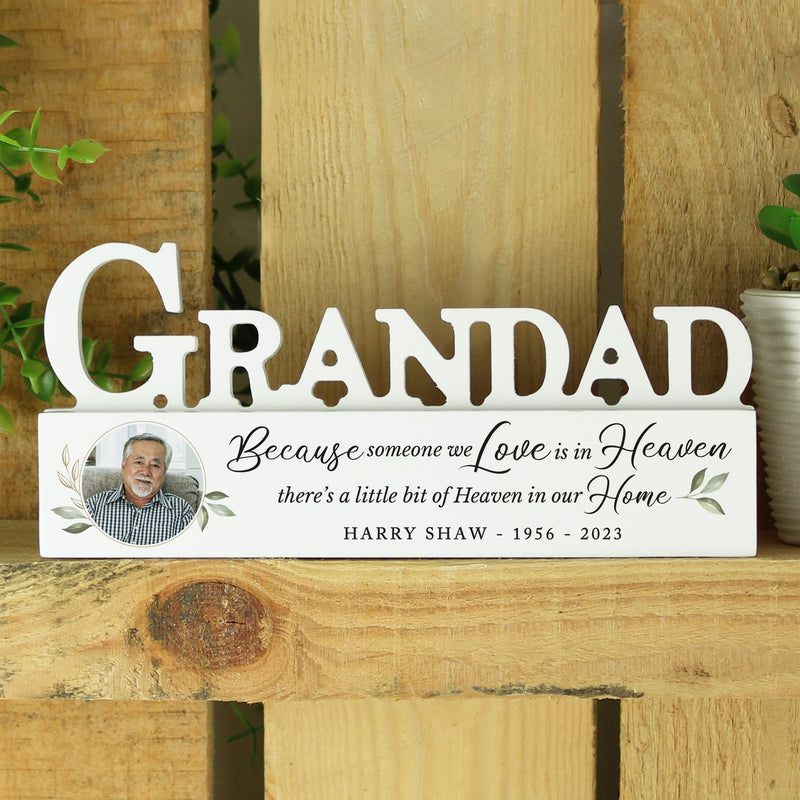 Personalised Botanical Memorial Photo Upload Wooden Grandad Ornament