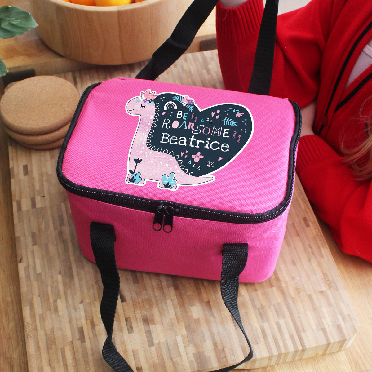 Personalised Dinosaur Pink Lunch Bag, The Personal Shop, personalised gifts