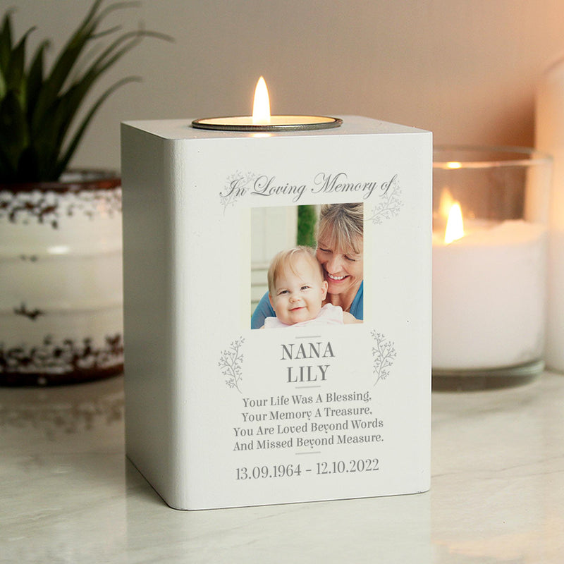 Personalised Memorial Photo White Wooden Tea light Holder