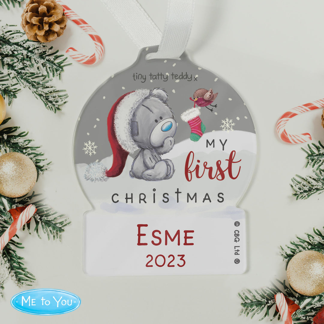 Personalised First Christmas Tiny Tatty Teddy Acrylic Snow Globe Decoration – alternative view