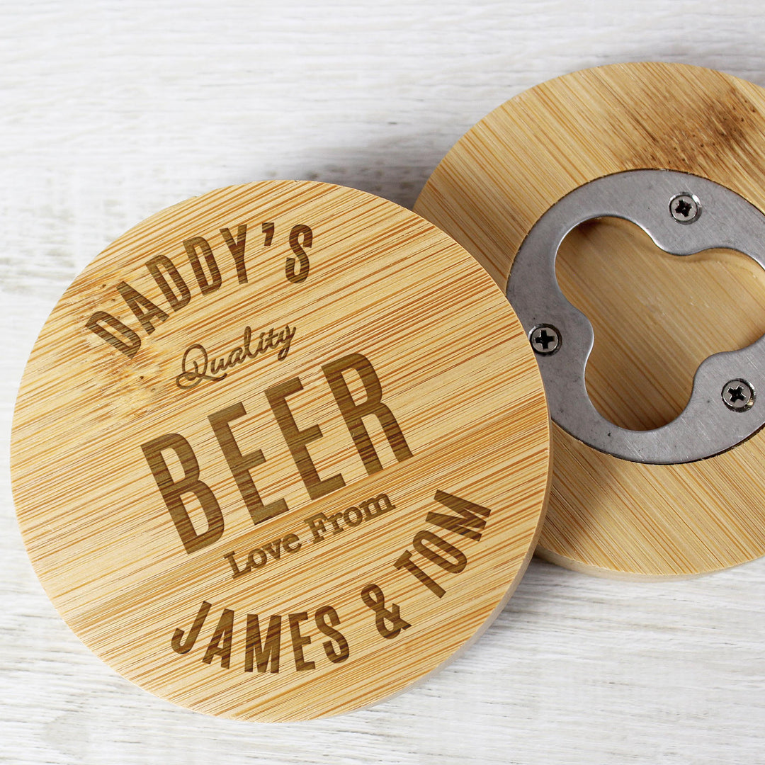 Personalised Free Text Bamboo Bottle Opener Coaster – alternative view