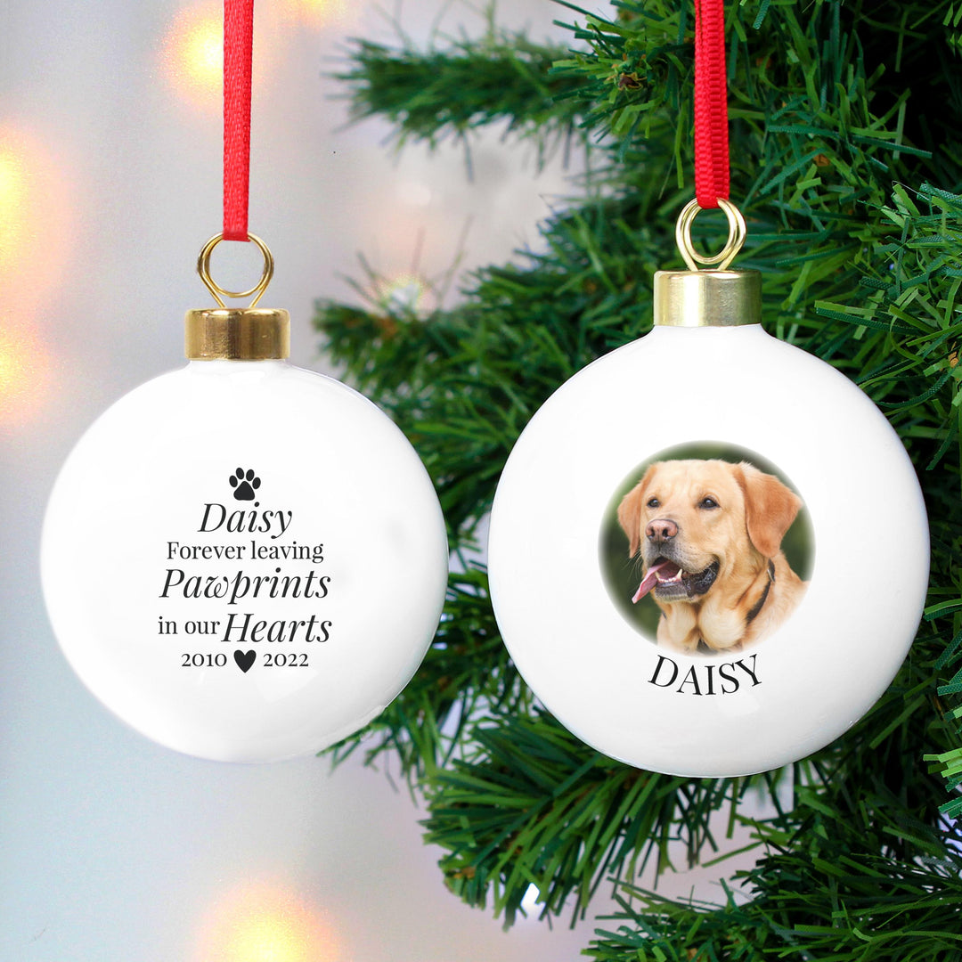 Personalised Paw Print Memorial Photo Upload Bauble – alternative view