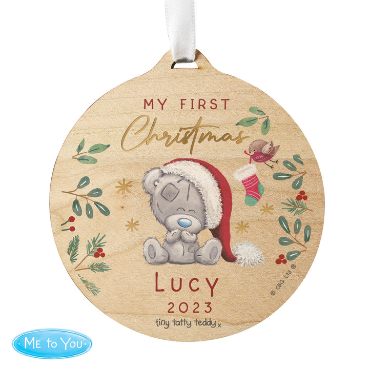 Personalised First Christmas Tiny Tatty Teddy Round Wooden Decoration, The Personal Shop, personalised gifts