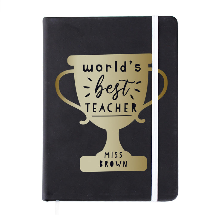 Personalised Worlds Best Teacher Trophy Black Hardback Notebook – alternative view