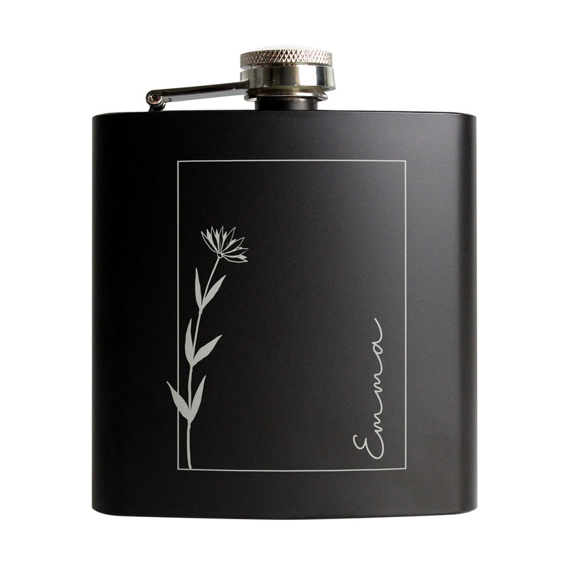 Personalised Monochrome Floral Name Wedding Party Black Hip Flask