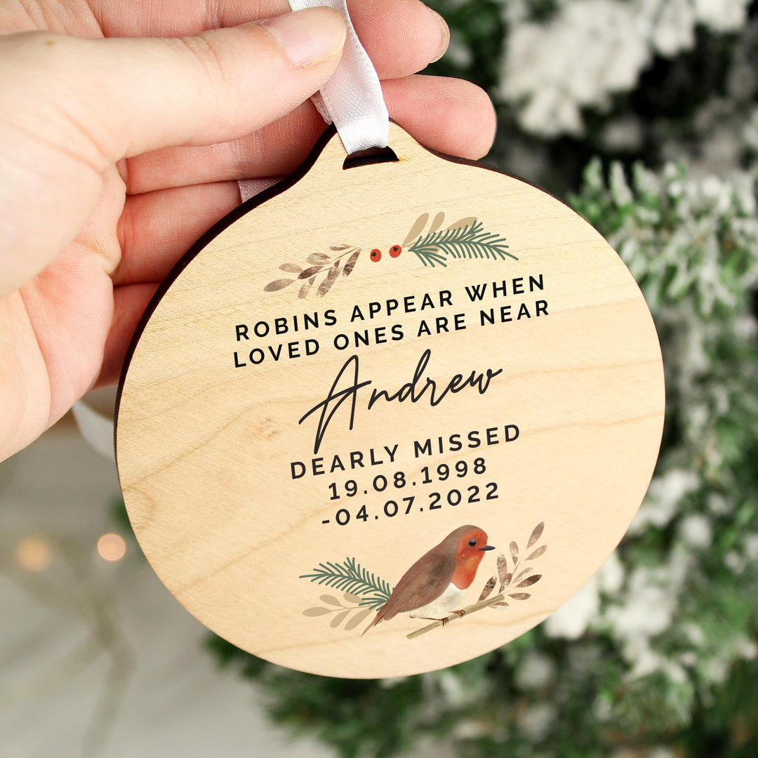 Personalised Robin Memorial Round Wooden Decoration – alternative view