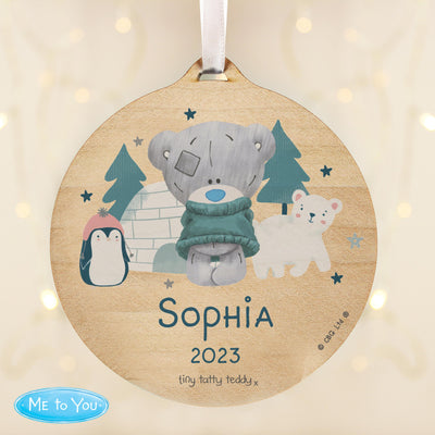 Personalised Winter Explorer Tiny Tatty Teddy Round Wooden Decoration