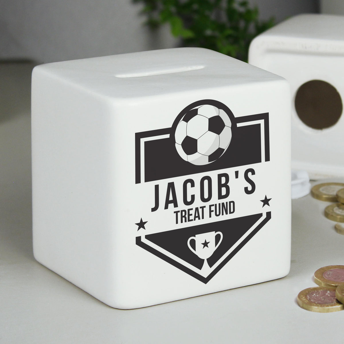 Personalised Football Badge Ceramic Square Money Box – alternative view