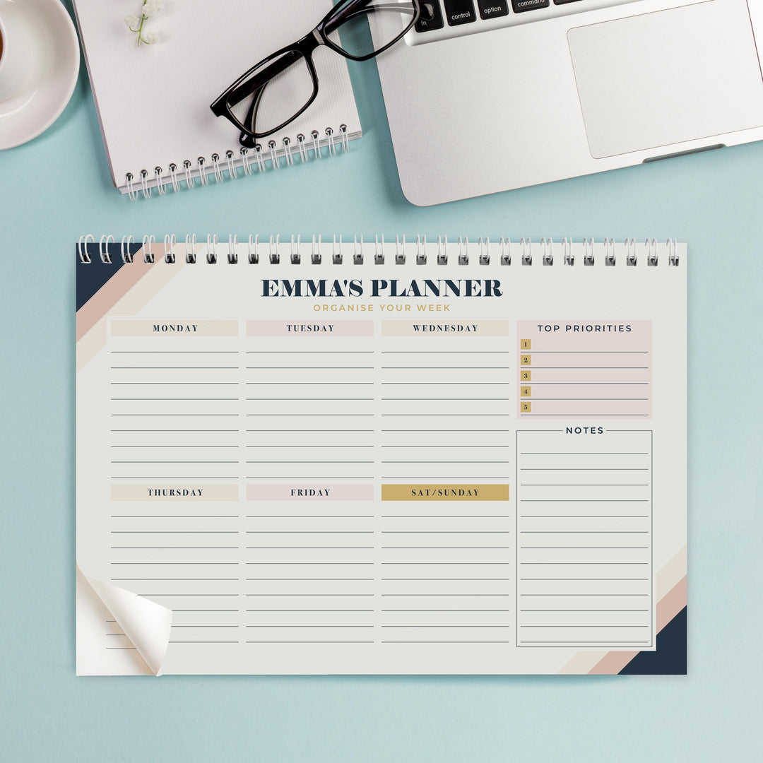 Personalised Free Text Navy &amp; Blush A4 Desk Planner, The Personal Shop, personalised gifts