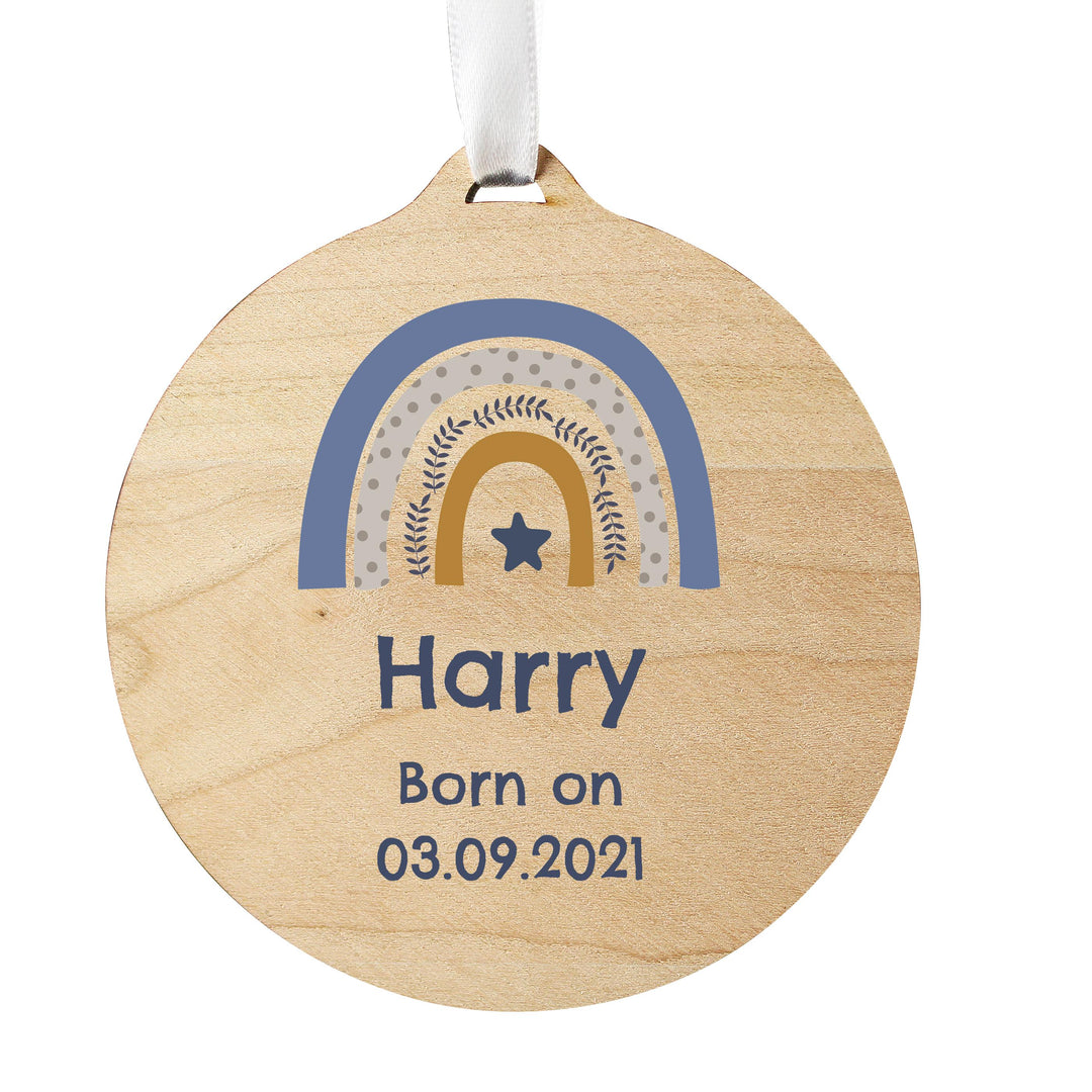 Personalised Blue Rainbow Round Wooden Decoration – alternative view