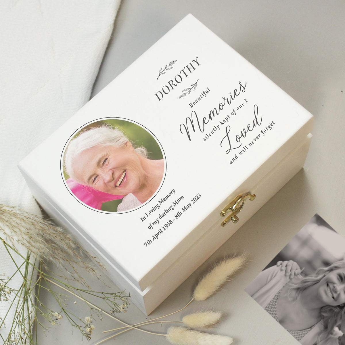 Personalised Memorial Photo Upload White Wooden Box – alternative view