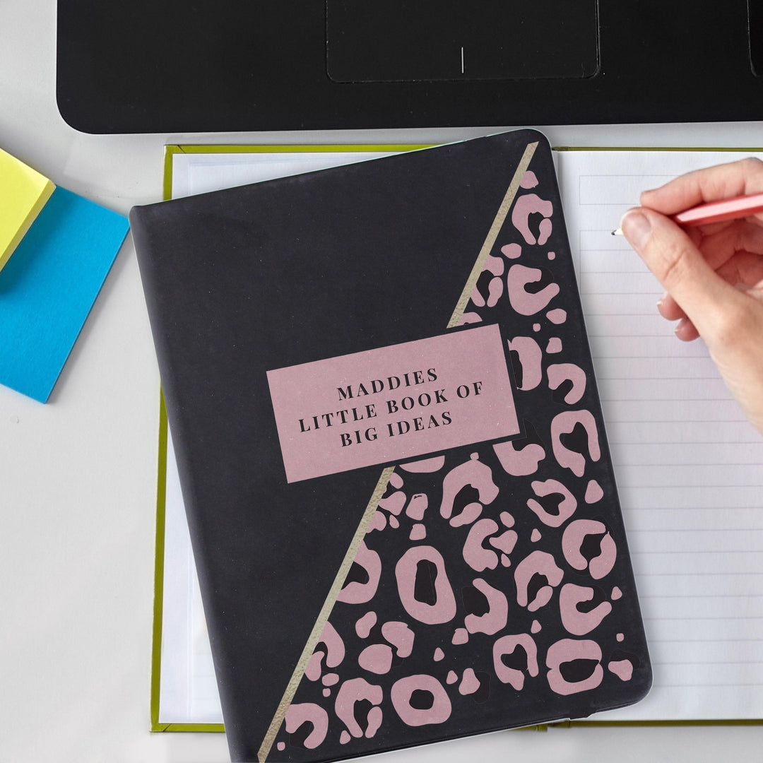 Personalised Leopard Print Black Hardback Notebook – alternative view