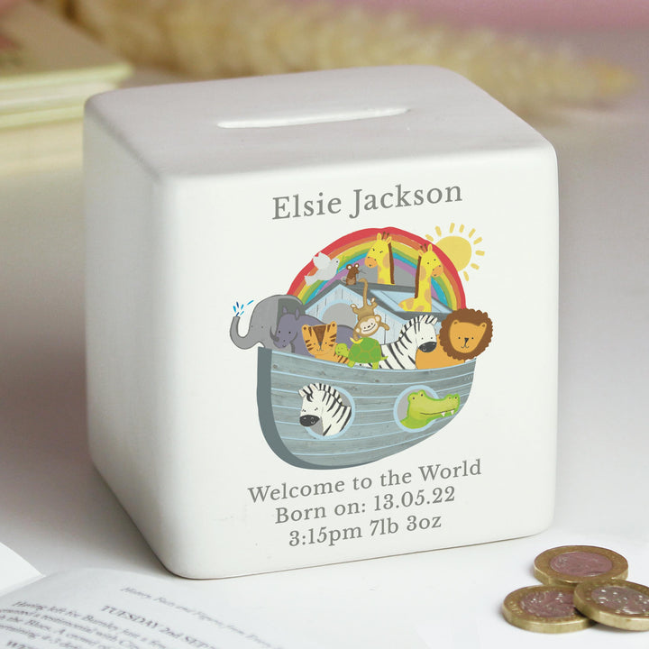 Personalised Noahs Ark Ceramic Square Money Box – alternative view