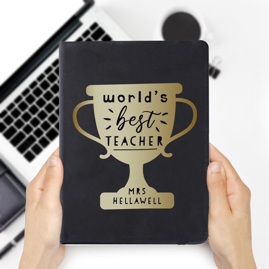 Personalised Worlds Best Teacher Trophy Black Hardback Notebook – alternative view