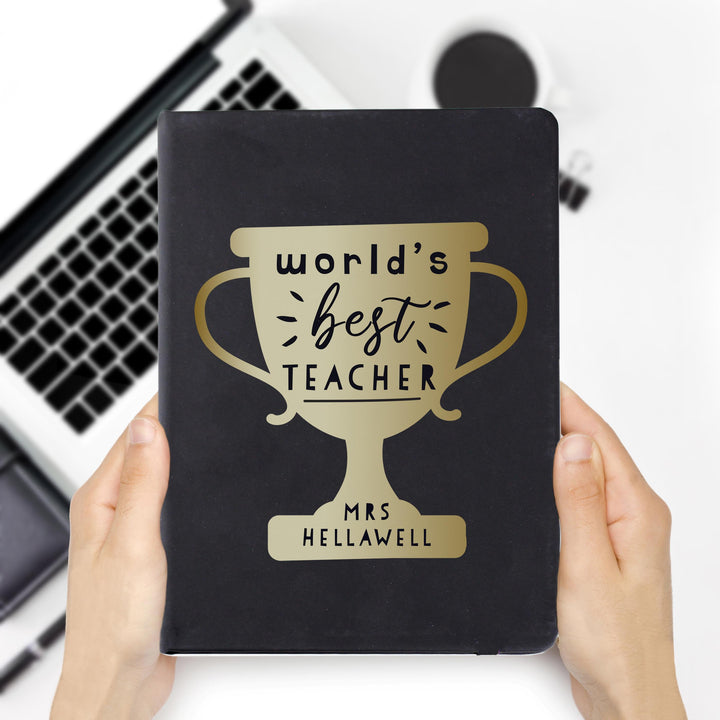 Personalised Worlds Best Teacher Trophy Black Hardback Notebook – alternative view