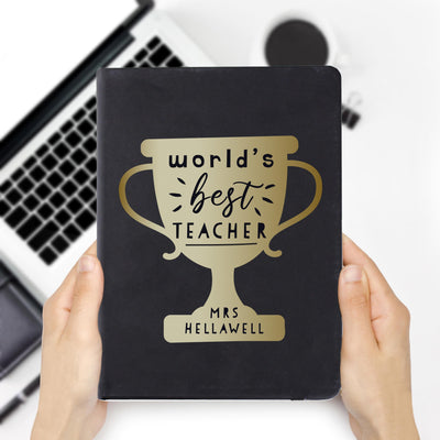 Personalised Worlds Best Teacher Trophy Black Hardback Notebook