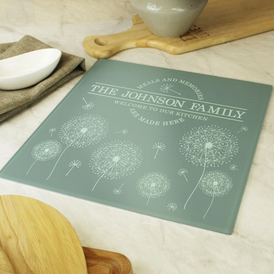Personalised Dandelion Glass Chopping Board/Worktop Saver – alternative view
