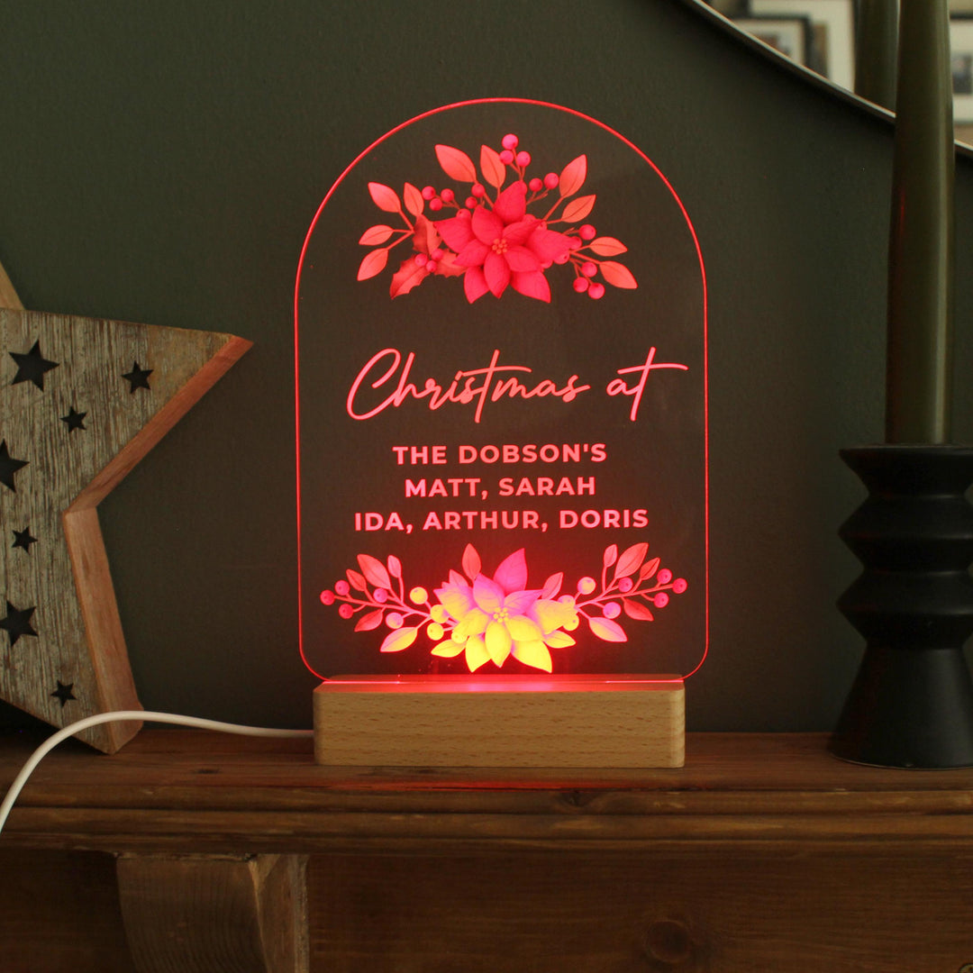 Personalised Christmas Poinsettia Wooden Base LED Light