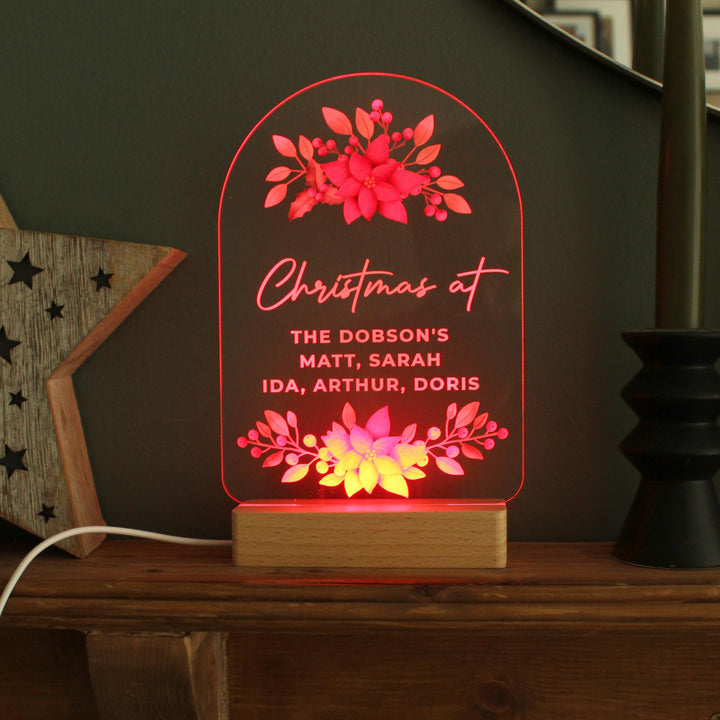 Personalised Christmas Poinsettia Wooden Base LED Light