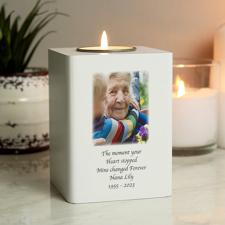 Personalised Photo Upload White Wooden Tea light Holder – alternative view