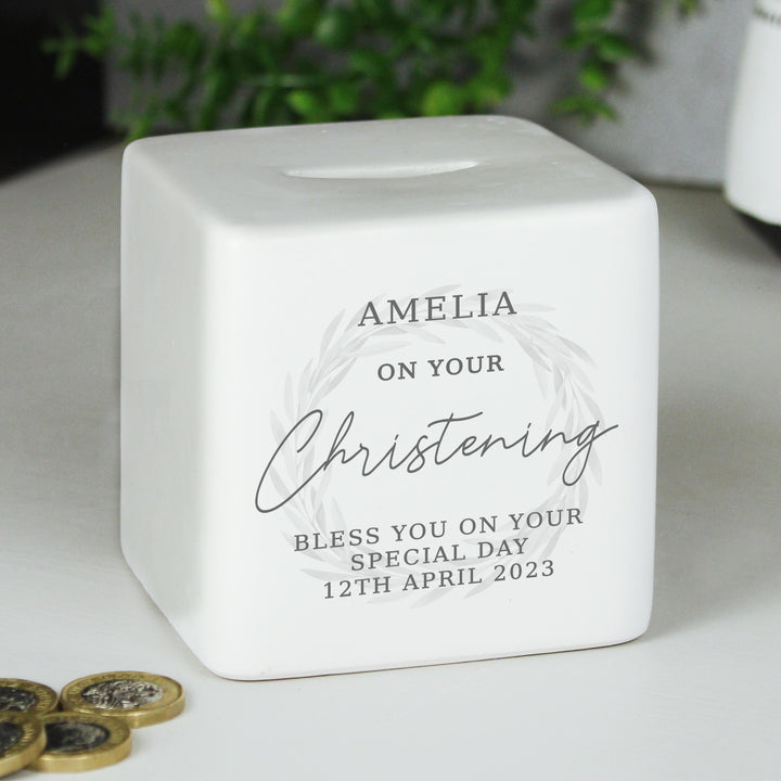 Personalised Christening Ceramic Square Money Box – alternative view