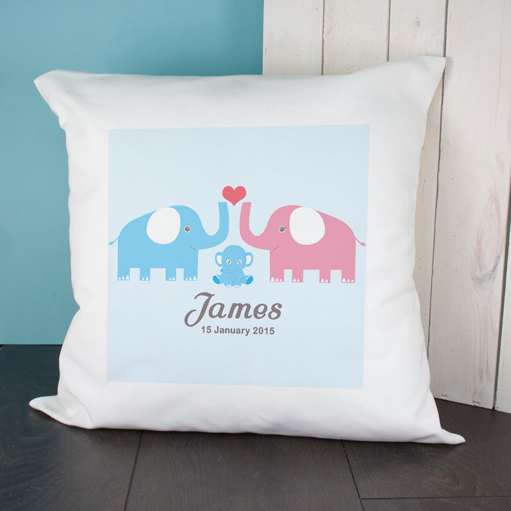 Personalised Baby Cushion Cover - Elephants (Blue)
