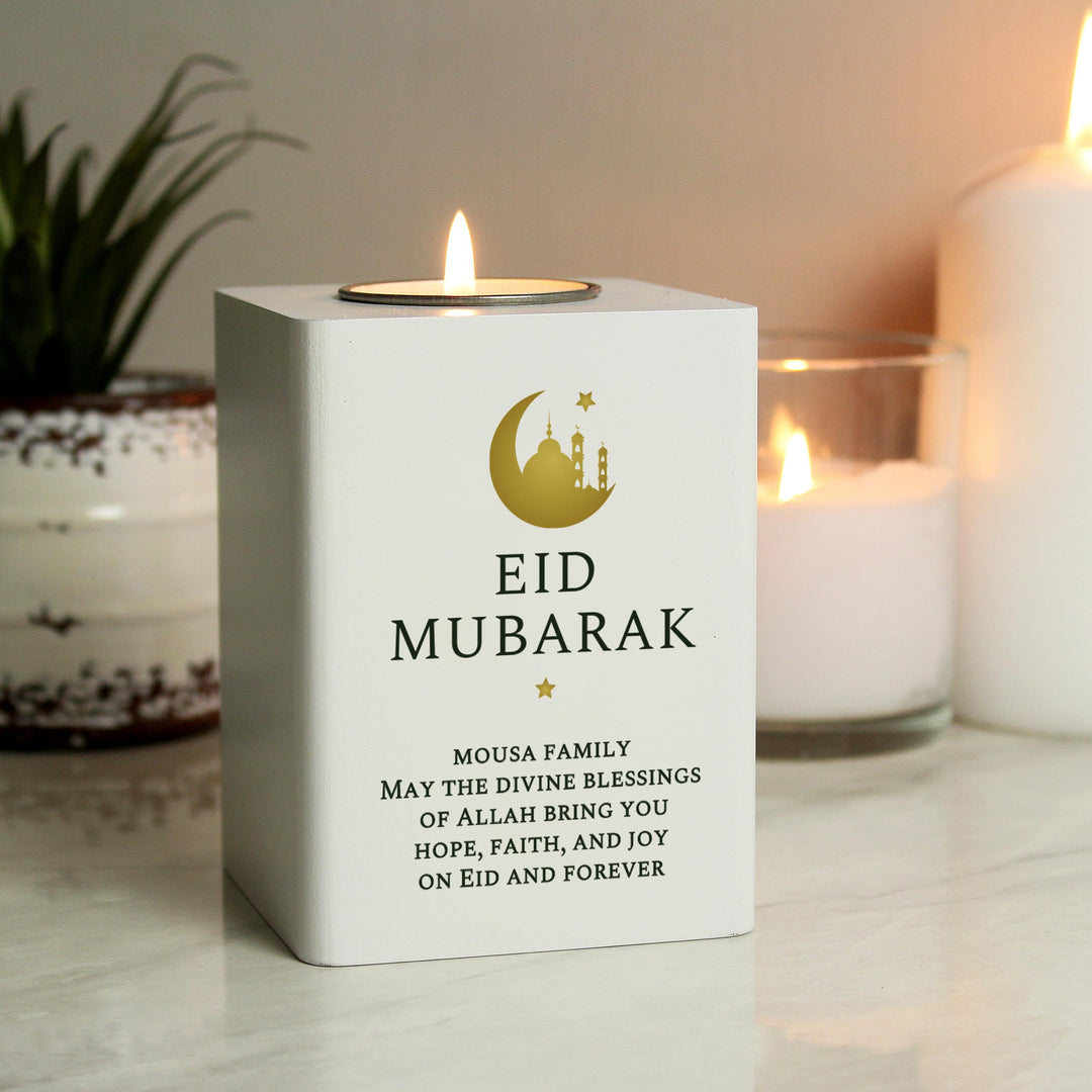 Personalised Eid White Wooden Tea light Holder – alternative view